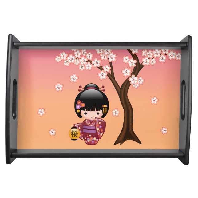 Sakura Kokeshi Doll - Geisha Girl on Peach Serving Tray (Front)