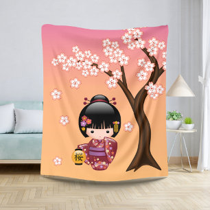 Sakura Kokeshi Doll - Geisha Girl on Peach Sherpa Blanket