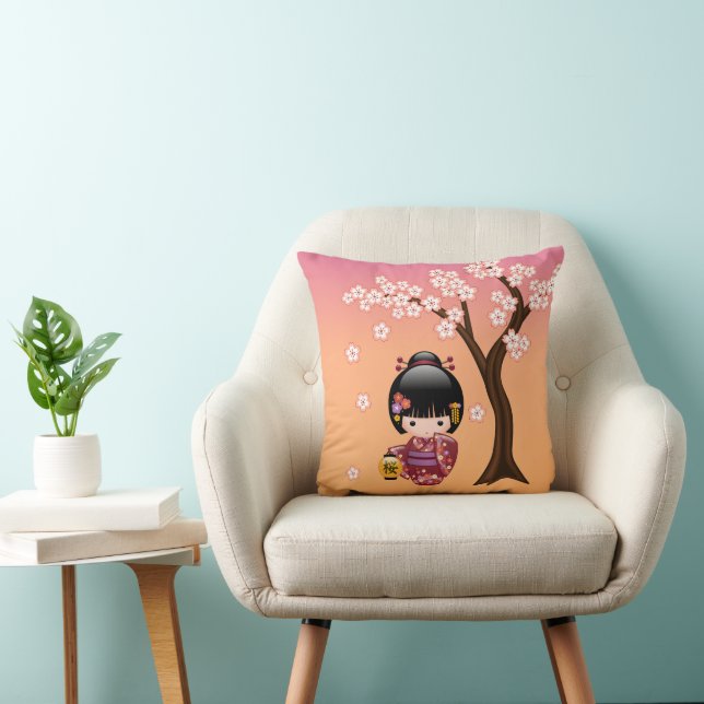 Sakura Kokeshi Doll - Geisha Girl on Peach Throw Pillow (Chair)