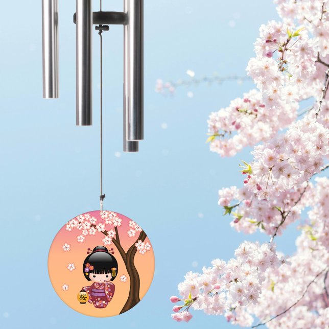 Sakura Kokeshi Doll Geisha Girl on Peach Wind Chime (Creator Uploaded)