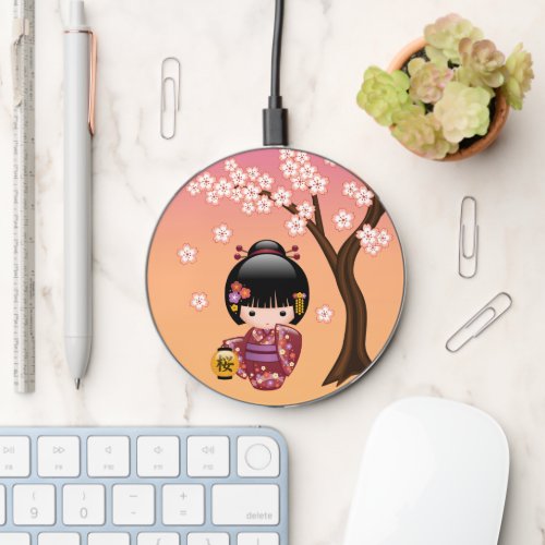 Sakura Kokeshi Doll _ Geisha Girl on Peach Wireless Charger