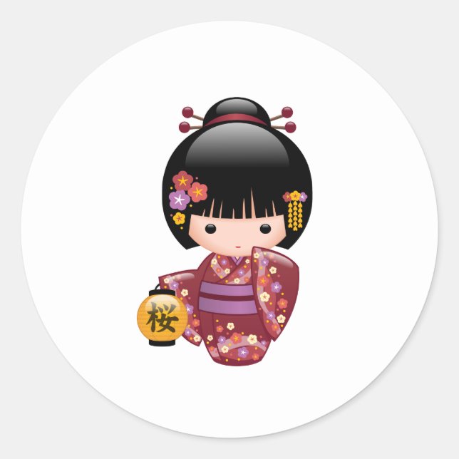 Sakura Kokeshi Doll - Geisha Girl on White Classic Round Sticker (Front)
