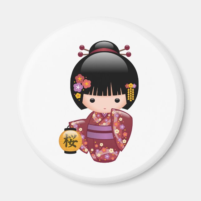 Sakura Kokeshi Doll - Geisha Girl on White Magnet (Front)