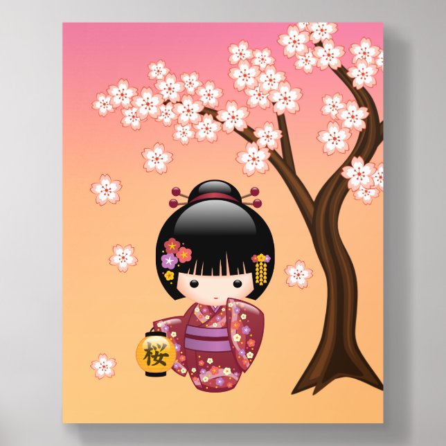 Sakura Kokeshi Doll Geisha Girl on Yellow Acrylic Photo Tile (Front Set)