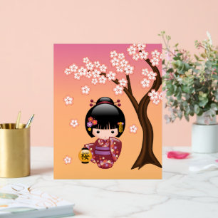 Sakura Kokeshi Doll - Geisha Girl on Yellow Acrylic Sign