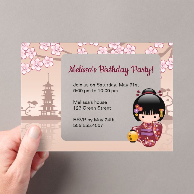 Sakura Kokeshi Transparent Window Birthday Beige Acrylic Invitations (Insitu (Handheld))