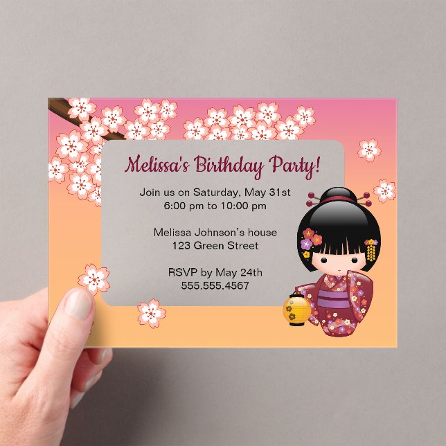 Sakura Kokeshi Transparent Window Birthday Peach Acrylic Invitations (Insitu (Handheld))