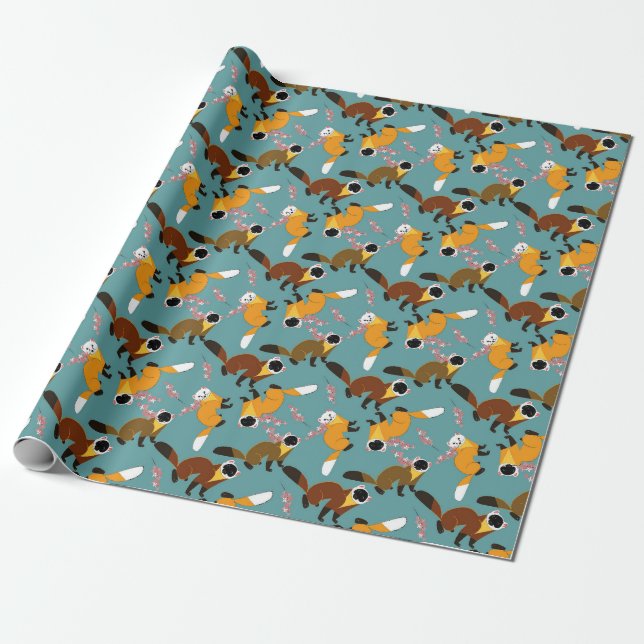 Sakura marten cyan background wrapping paper (Unrolled)