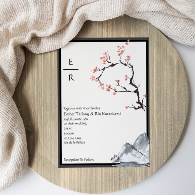 Sakura Mountain | Casual Monogram Bd Wedding Invitation (Creator Uploaded)