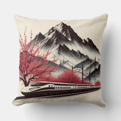 Sakura Mountain Railway Throw Pillow