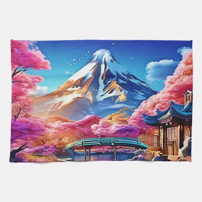 Sakura Mountain: Spring Scene Kitchen Towel (Horizontal)