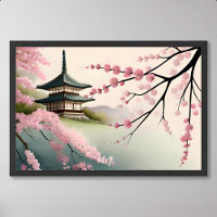 sakura painting pink japan pagoda building foggy