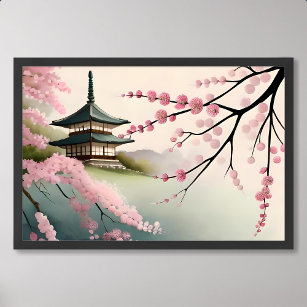 sakura painting pink japan pagoda building foggy poster
