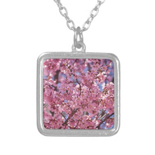 Sakura Pink Cherry Blossom Sky Silver Plated Necklace