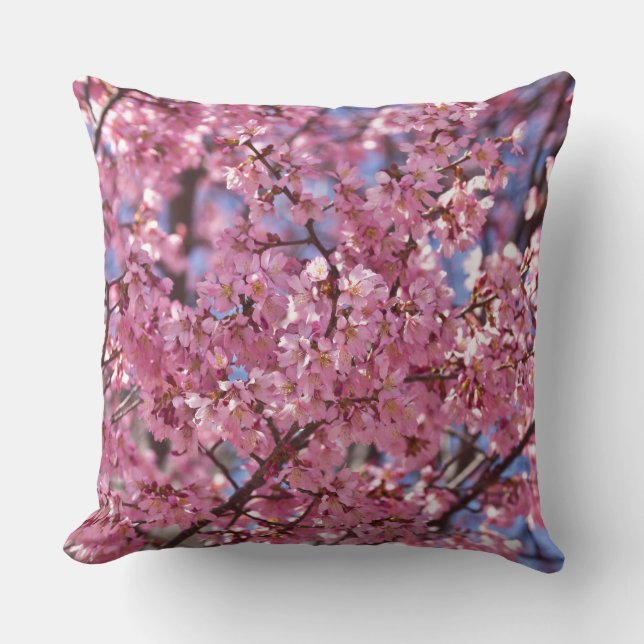 Sakura Pink Cherry Blossom Sky Throw Pillow (Front)