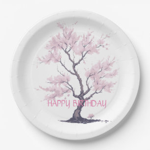 Sakura Pink Cherry Blossom Tree Watercolor Paper Plates