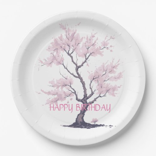 Sakura Pink Cherry Blossom Tree Watercolor Paper Plates