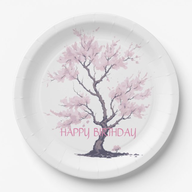 Sakura Pink Cherry Blossom Tree Watercolor Paper Plates (Front)