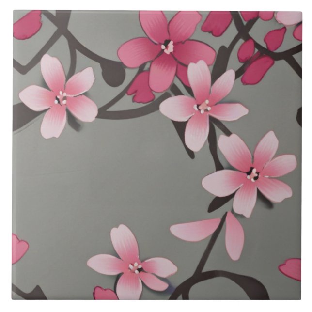 Sakura Pink - Japanese Floral Flowers on Dark Grey Ceramic Tile (Front)