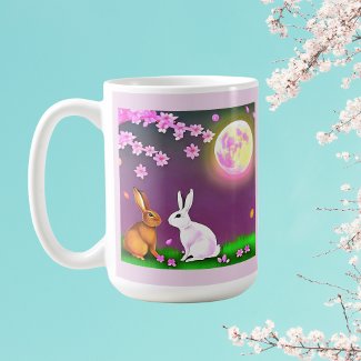 Sakura Rabbits  Under Cherry Trees and Pink Moon