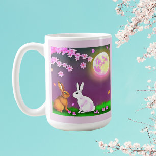 Sakura Rabbits Under Cherry Trees and Pink Moon Coffee Mug