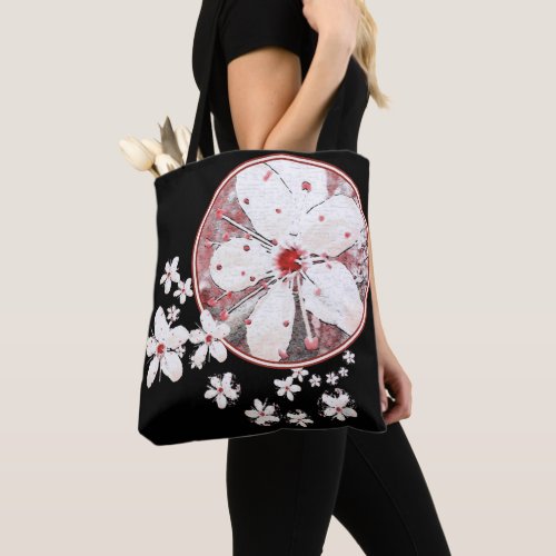 Sakura red and white cherry blossom asian floral tote bag