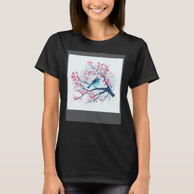 Sakura season Blue Bird Japanese Cherry Blossom T-Shirt (Front)