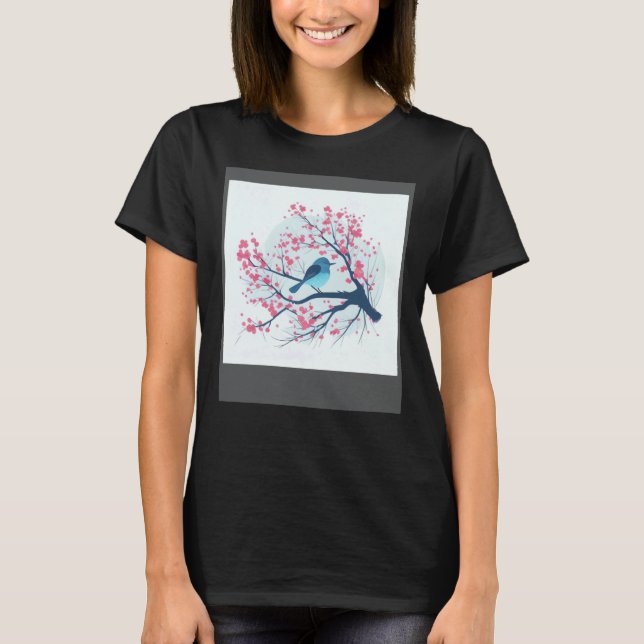 Sakura season Blue Bird Japanese Cherry Blossom T-Shirt (Front)