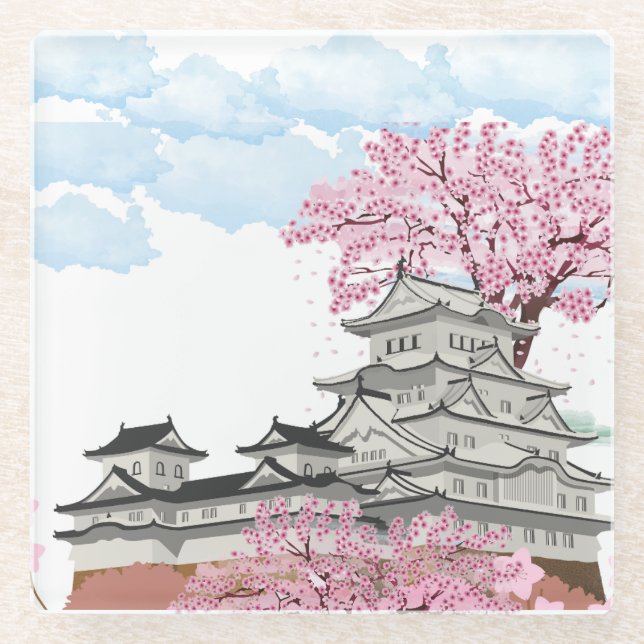  Sakura Tree withe chinan castle cloud ,watercolor Glass Coaster (Front)