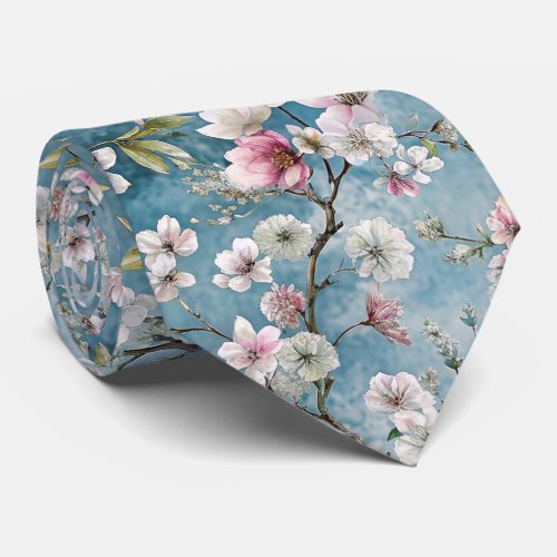 Sakura trees blue plants pattern neck tie