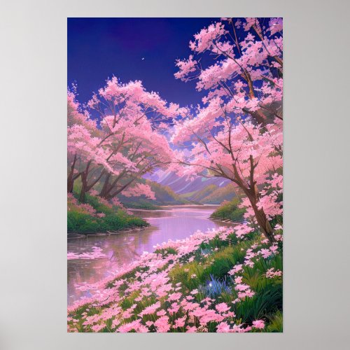 Sakura Trees on the Serene Riverbank Poster
