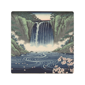 Sakura Waterfall in Ukiyo-e Style Metal Print