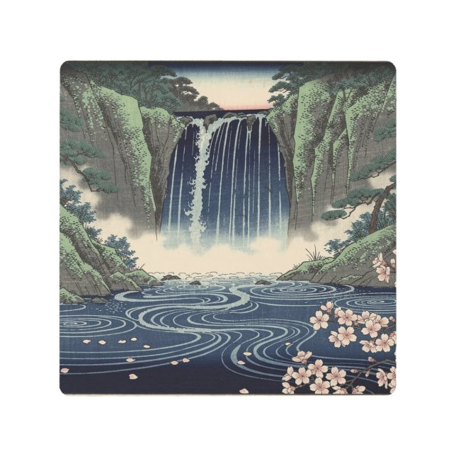 Sakura Waterfall in Ukiyo-e Style Metal Print (Front)