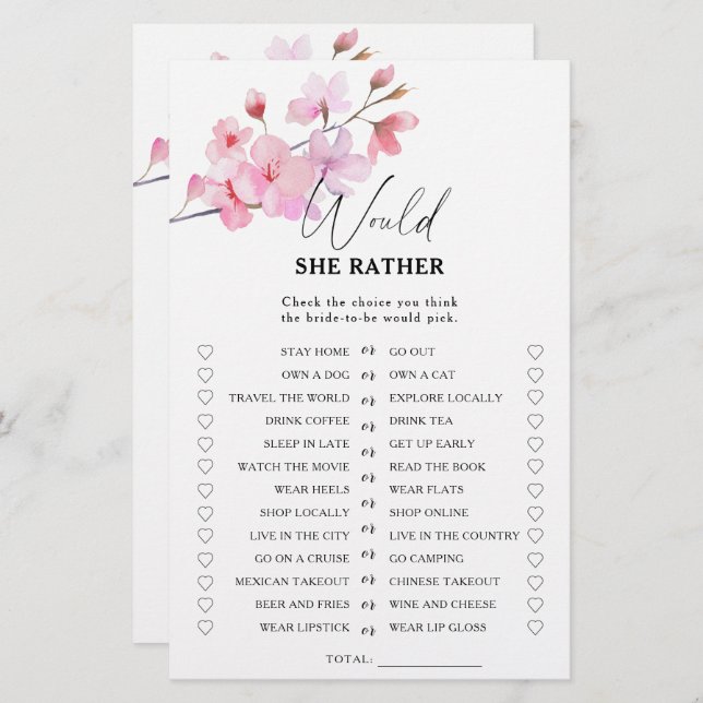 Sakura - Would she rather bridal shower game (Front/Back)
