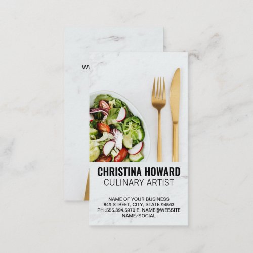 Salad and Gold Silverware on Marble Business Card