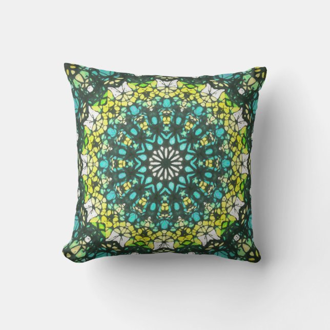 Salad Spinner – Green Yellow Mandala Pattern Throw Pillow (Front)