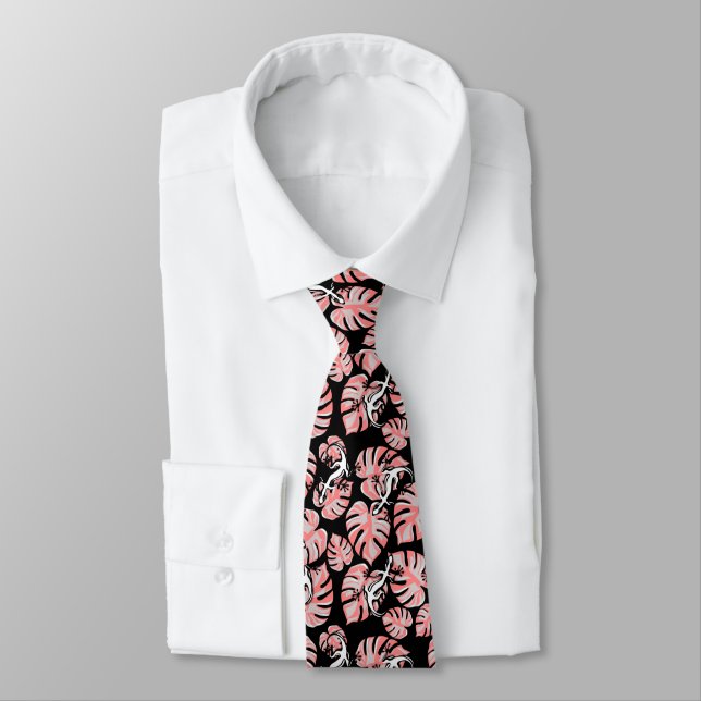 Salamander And Pink Leaves Repeating Pattern Neck Tie (Tied)