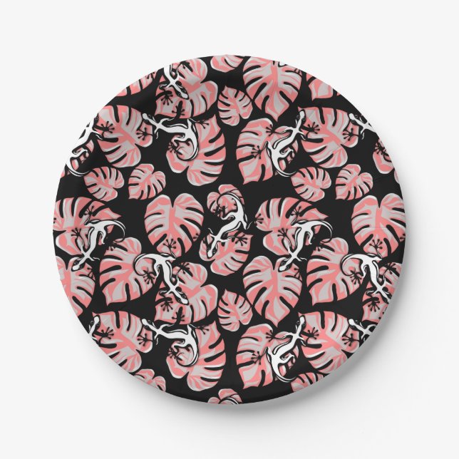 Salamander And Pink Leaves Repeating Pattern Paper Plates (Front)