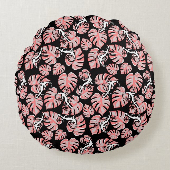 Salamander And Pink Leaves Repeating Pattern Round Pillow (Front)
