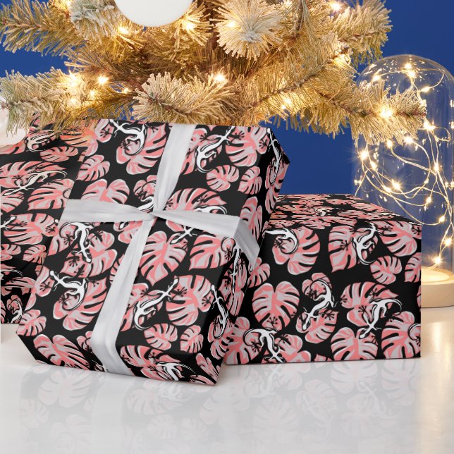 Salamander And Pink Leaves Repeating Pattern Wrapping Paper (Holidays)