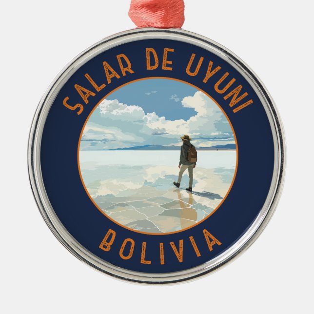 Salar de Uyuni Bolivia Retro Distressed Circle Metal Ornament (Front)