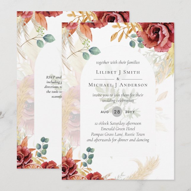 SALE! Boho Burgundy Gold Floral Country Barn Farm Invitation (Front/Back)