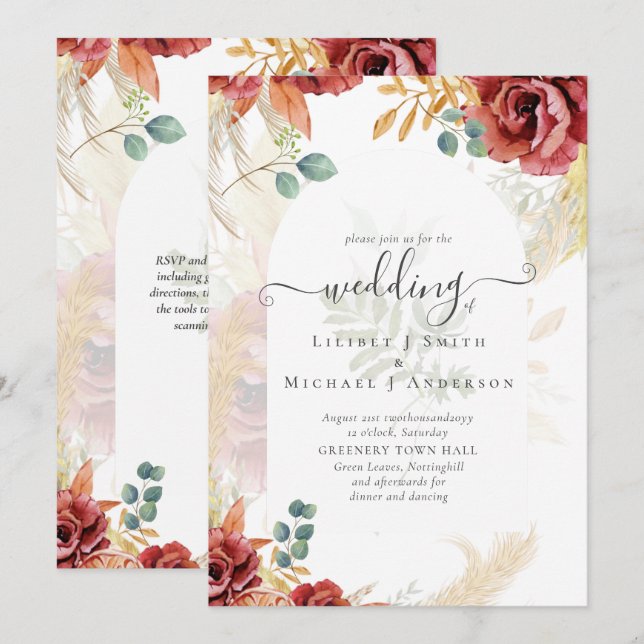 SALE! Boho Burgundy Gold Floral Country Barn Farm Invitation (Front/Back)