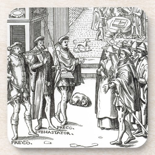 Sale by Town Crier after a woodcut in Praxis Rer Drink Coaster