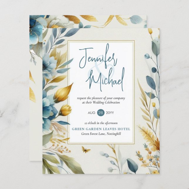 SALE! Teal Yellow Floral Wedding Invitations (Front/Back)