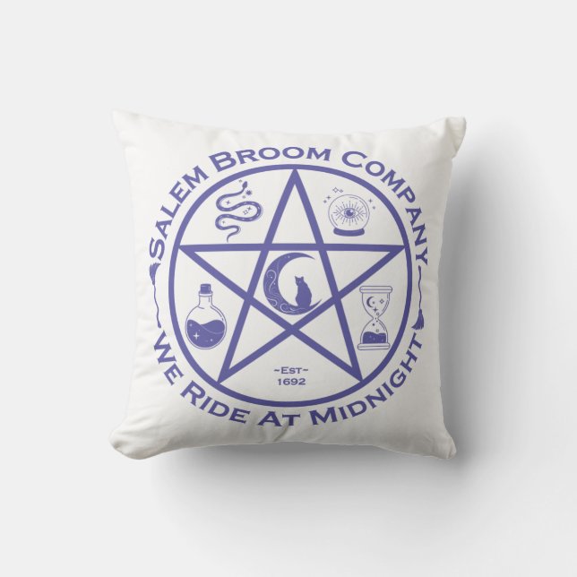 Salem Broom Company We Ride At Midnight Halloween  Throw Pillow (Front)