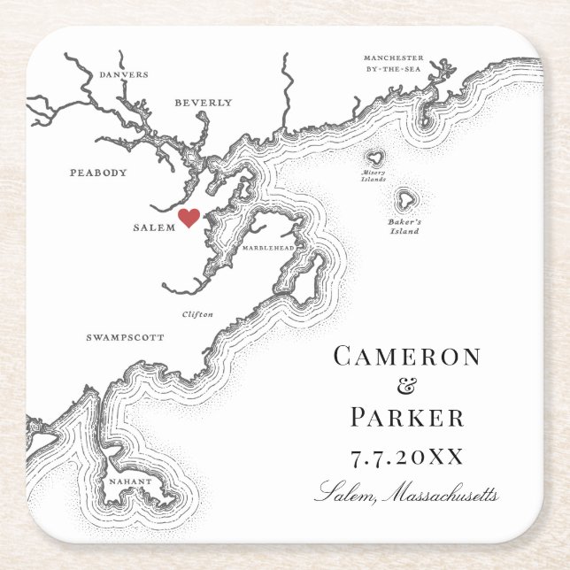Salem MA Map Elegant Black White Wedding Favor Square Paper Coaster (Front)