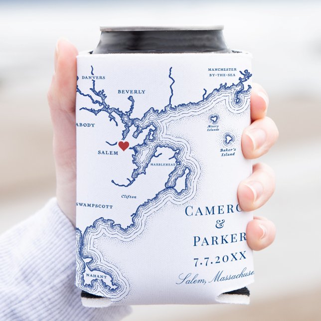 Salem MA Map Elegant Navy Blue Wedding Favor Can Cooler (Salem MA Map Wedding Favor Can Coozie Can Cooler elegant navy blue from Coastal Map Designs)