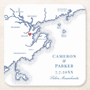 Salem MA Map Elegant Navy Blue Wedding Favor Square Paper Coaster