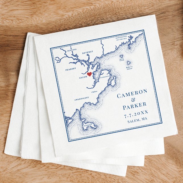Salem MA Map Elegant Navy Blue Wedding Napkins (Salem MA Map Wedding cocktail napkins in elegant navy blue from Coastal Map Designs)